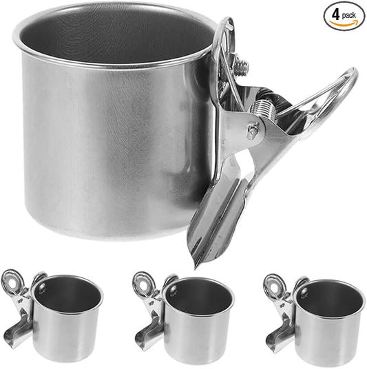 LIOOBO Parrot Feeder Cups with Clamp 4-Pack Stainless Steel Food and Water Bowls for Small Birds Including Parakeets Cockatiels and Lovebirds Cage Feeding
