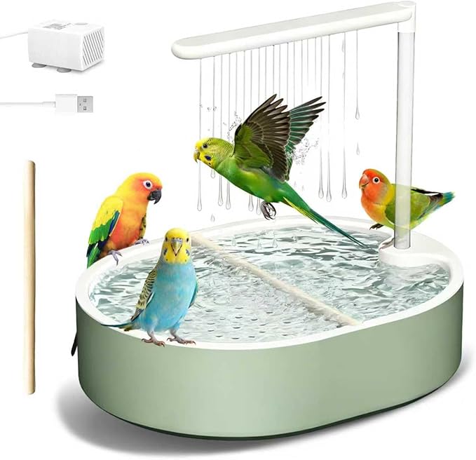 Bird Bath, Parrot Bathtub, Automatic Parrot Shower Bath with Pump, Birds Shower Bathtub with Running Water, Large-Capacity Water Tank,Suitable for Many Kinds of Birds (Green)