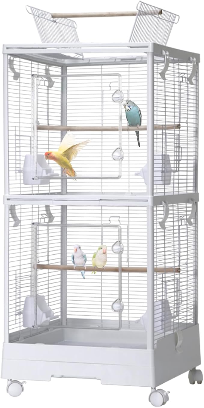 Large Double-Layer Bird Cage with Removable Tray, Rolling Stand, Perches, Feeding Bowls, Spray Guard, Play Roof – Easy-Clean 100x46x46cm Aviary for Budgies, Canaries, Parakeets – White