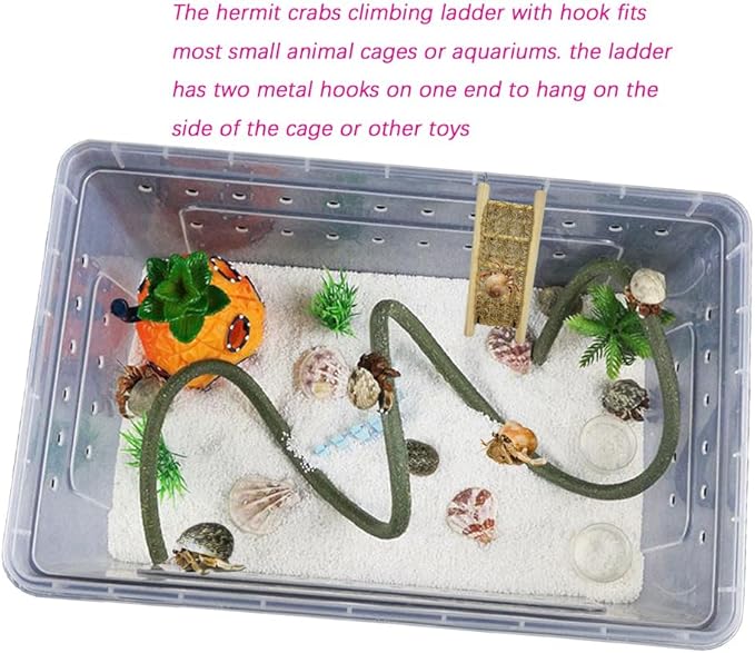 1 Pcs Hermit Crabs Climbing Wooden Ladder Bridge with Hooks, Small Animals Climbing Toy with Rope for Hermit Crabs Chameleon Lizards Reptile Bird Parrot