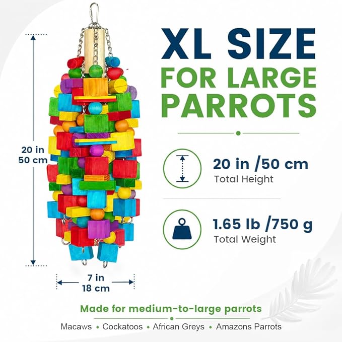 Large Bird Toy, 20 in XL Parrot Toys Natural Wood Blocks Bird Chew Toy for Foraging, Stainless Steel Chain Hanging Cage Toy for Macaws, Cockatoos, African Greys and Large Parrots-1.65 lb
