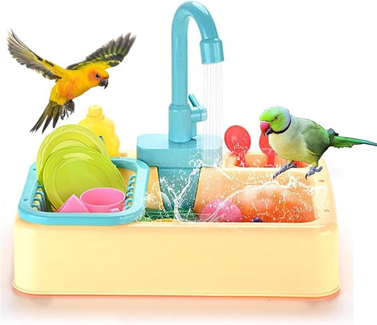 Parrot Bird Bathtub Shower Box Bathing Tub Container Cage, Automatic Pet Bird Bath with Faucet, Ferret Bathtub Swimming Pool Bath Shower Water Dispenser for Small Medium Parakeet Cleaning (Yellow)