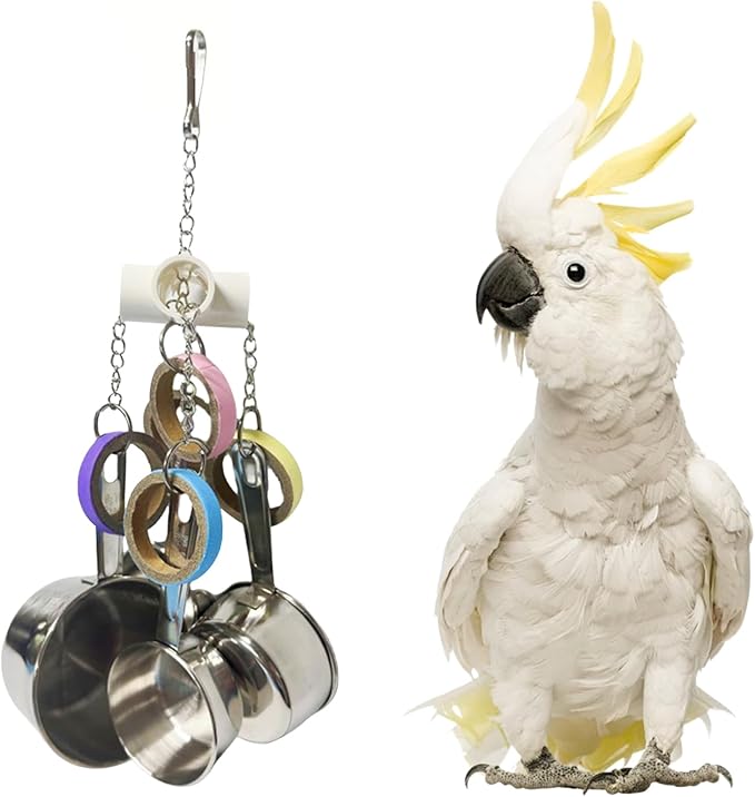 LWINGFLYER Stainless Steel Parrot Toys, Pullable Stainless Steel Cup and Cardboard Ring Toys Hanging Chew Bird Toys for Large Parrots，African Grey, Amazon Parrots