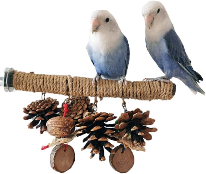 Bird Perches Stand Bird Hemp Perches with Chewing Toys, Birdcage Wood Stand Tree Perches for Birds Cockatiels Parrots Conures Macaws Finches (Large)