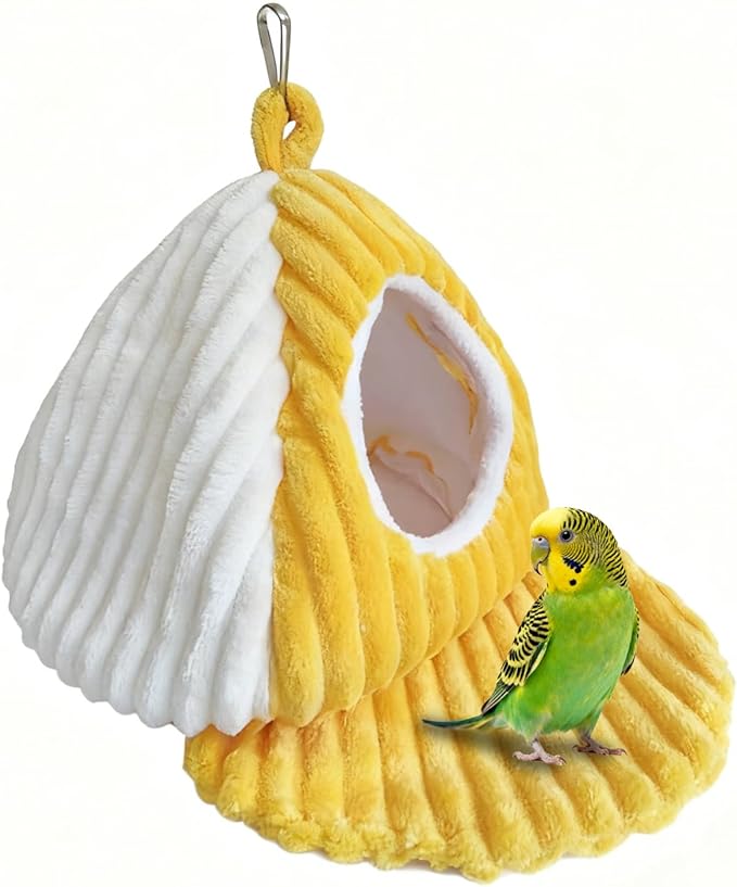 Bird Hanging Hammock Nest Parrot with Soft Plush Hanging Hammock & Hut Tent for Cage Winter Bird Hideaway Hut for Cockatiels Budgies Parakeets Lovebirds Conures Hamsters (Yellowish-White L)
