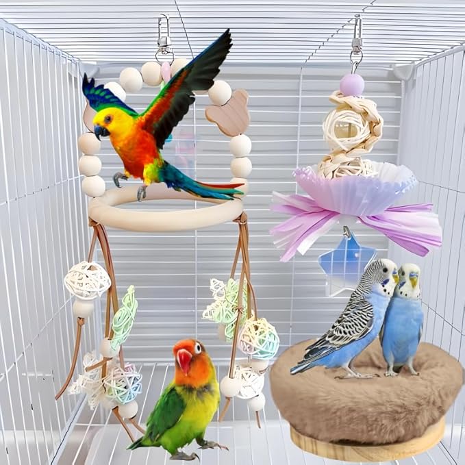 2Pcs Bird Perch Stand Platform Plush Parrot Hanging Hammock Warm Bird Nest Snuggle Hut Birds Sleeping Bed Wood Perch for Parrot,Budgies,Parakeet,Cockatiels,Conure,Lovebirds-Purple&Brown