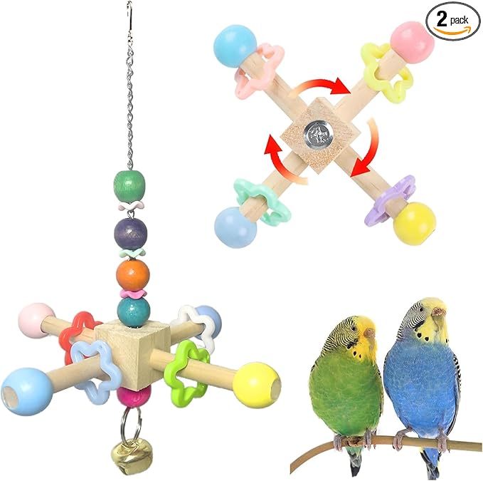 2pcs Bird Spinner Toys for Parrots with Bells, Natural Wood Parakeet Toys for Cage, Bird Cage Accessories Chewing Hanging for Small and Medium Birds, Cockatiel, Conure, Lovebird, Budgie, Quaker