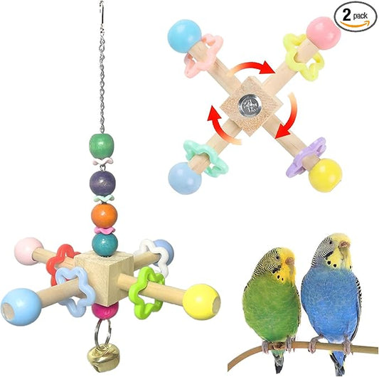 2pcs Bird Spinner Toys for Parrots with Bells, Natural Wood Parakeet Toys for Cage, Bird Cage Accessories Chewing Hanging for Small and Medium Birds, Cockatiel, Conure, Lovebird, Budgie, Quaker