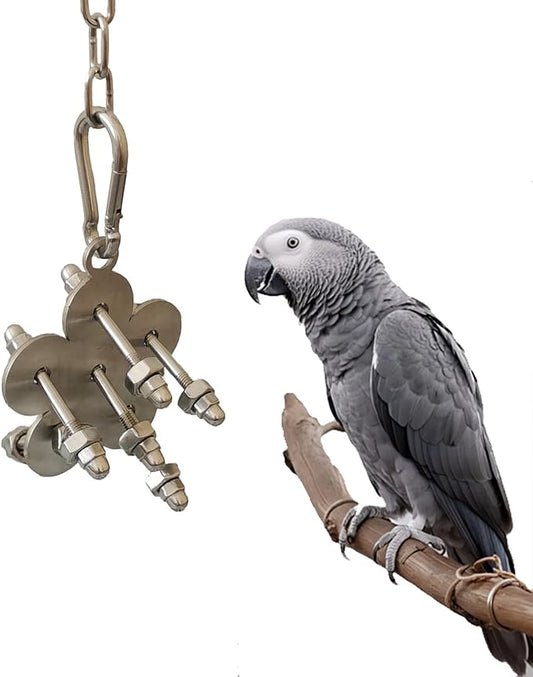 JSLZF Stainless Steel Parrot Toy, Hanging African Grey Chew Toy for Bird, Non-Removable Cap Nuts Foraging Bird Toy for Conure, Cockatiel, Parakeet, Cockatoo, African Grey