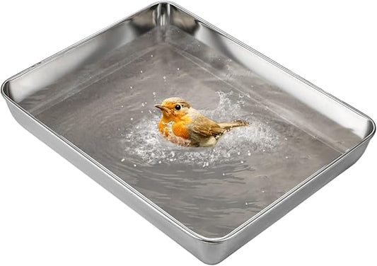 kathson Stainless Steel Bird Bath 16.14"×12.2"×2.36" Metal Bird Bath Tray Pet Bird Cleaning Accessories Bird Bathtub Bird Bath Tray Pet Shower Tub Pigeon Bathtub Bird Cage Bathtub Tray