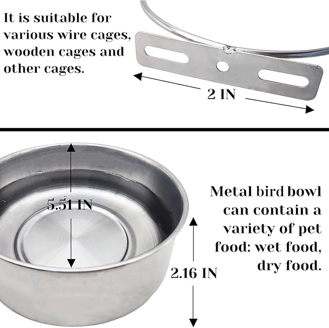 PINVNBY 2pcs Stainless Steel Bird Bowl Feeding Dish Cups for Parrot, Parakeet, African Greys, Conure, Cockatiels, Lovebird, Budgie, Chinchilla (L)