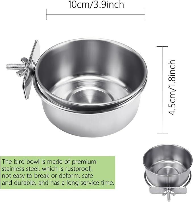 BCHARYA 2 Pack Stainless Steel Bird Food Bowls with Clamp - Rust Proof Metal Feeding Cups for Parrot Cage, Easy Clean Water Dish for Cockatiel Conure Budgie Parakeet Small Animal (3.9 Inch, Silver)