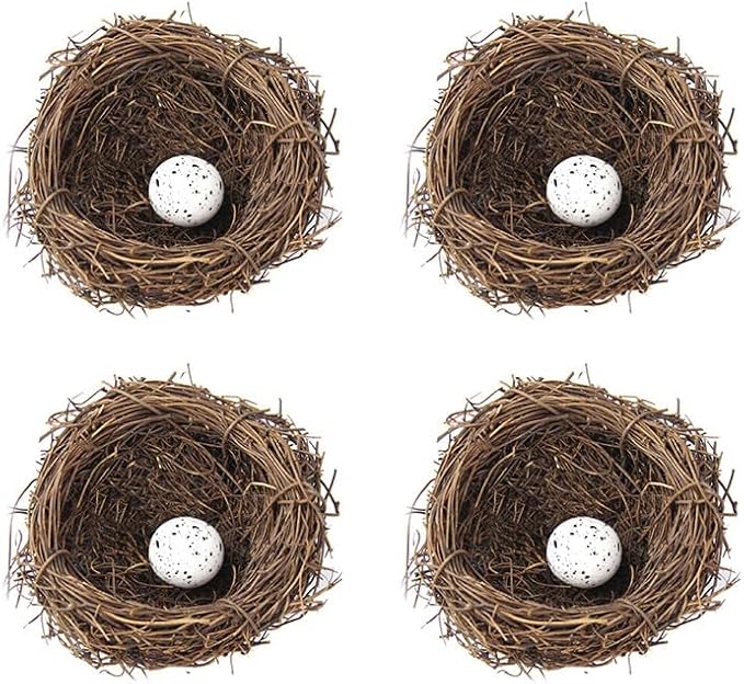 Artificial Birds Nest,4 Set Handmade Natural Easter Fake Birds Nest Rattan Bird Nests Decoration Simulation Bird Nest for Wedding Home Garden Party Decor,8cm with 1PCS Egg Ornament