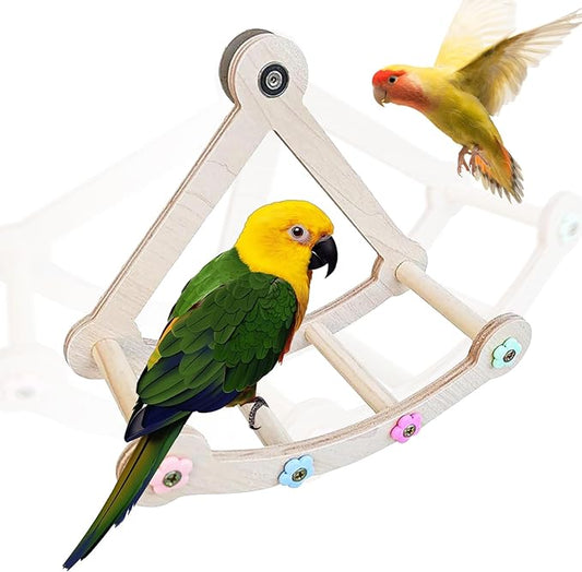 Bird Stand Perch,Interactive Rocking Parakeet Perch, Wooden Exercise Wheel Cockatiel, Parrot Swing,Bird Playground Play Stands for Conure Budgie(A)