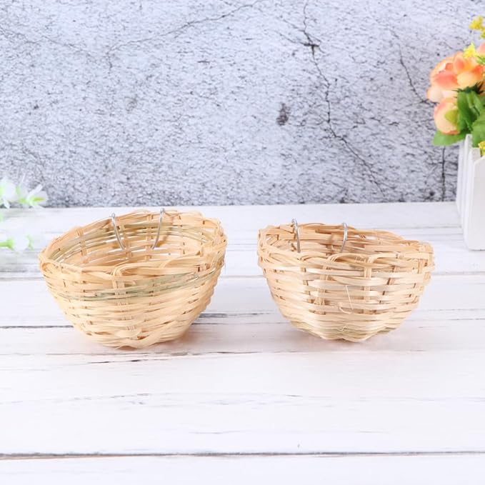 balacoo Handmade Bamboo Bird Nest with Hook Hanging Nest Box 3.93X3.93X2.36In Cozy Shelter for Small Birds Parrots and Doves Natural Bamboo Material Set of 2