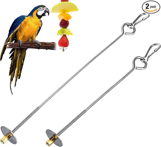 Nogeqi 2PCS Bird Cage Food Holder with Hook, Stainless Steel Bird Feeder for Cage, Parrot Fruit Skewers, Bird Foraging Toys for Macaw Parakeet Parrot Budgie (2 Sizes)