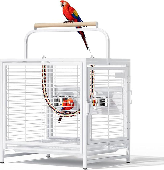 VINGLI Small Bird Cage, 25 inch Travel Carrier Bird Cage with Handle, Wrought Iron Parakeet Cage with Wooden Perch for Parrot Lovebirds Finches Small/Medium Birds (White)