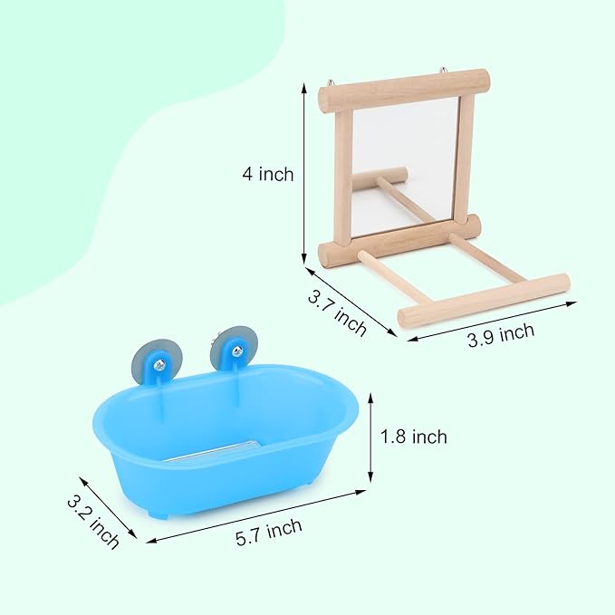 Wontee Bird Bath Parrot Bathing Tub Bird Mirror with Perch Toys for Budgies Parakeets Cockatiels Lovebirds Finches Canaries (Blue (A))