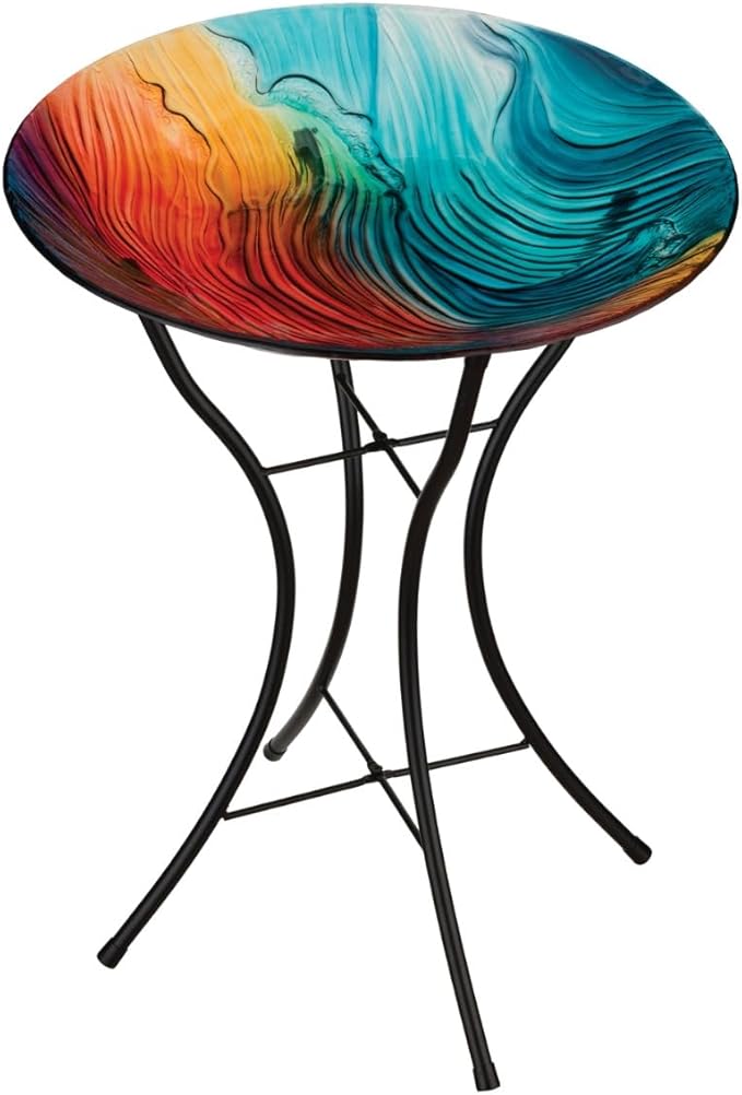 Regal Art & Gift Bird Bath with Stand - Durable Glass Bowl with Heavy-Duty Metal Stand, Easy to Fill, Ideal for Patio, Porch & Garden Décor - Swirl Multi