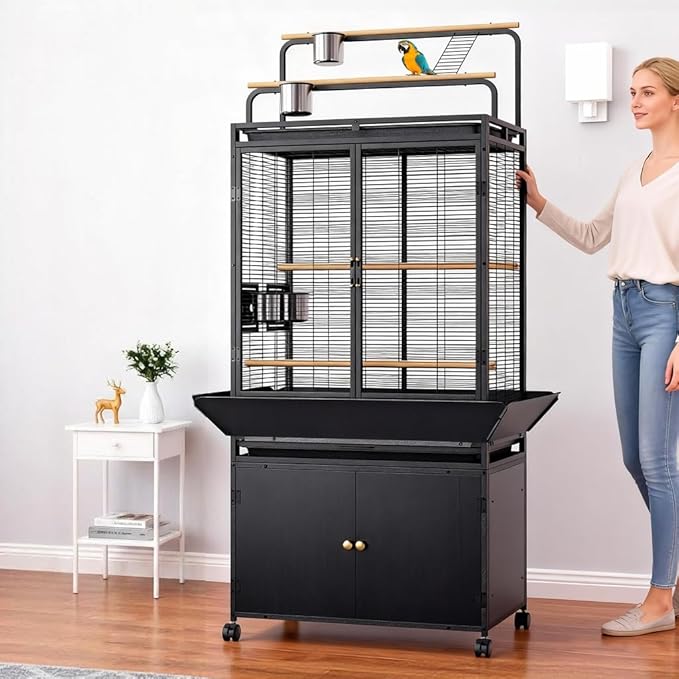 71 Inch Large Bird Cage with Play Top & Storage Cabinet, Flight Birdcage for Parrot, Cockatiel, Macaw Budgie, Rolling Corner Bird Aviary Black