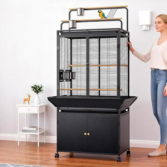71 Inch Large Bird Cage with Play Top & Storage Cabinet, Flight Birdcage for Parrot, Cockatiel, Macaw Budgie, Rolling Corner Bird Aviary Black