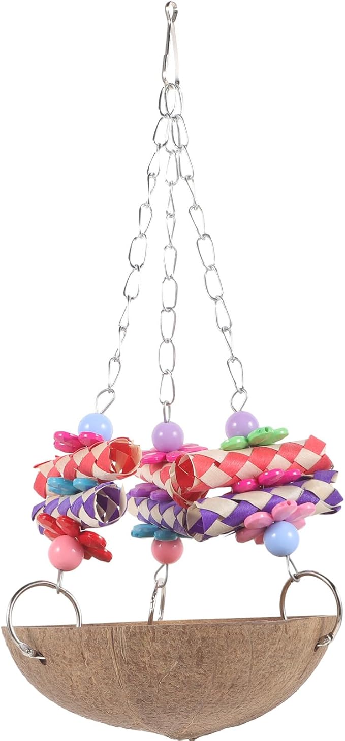 Bird Hammock Coconut Shell Hamster Nest Parrot Cage with Chain Charm and Fake Flower for Pet Hanging Bed (5x11”)