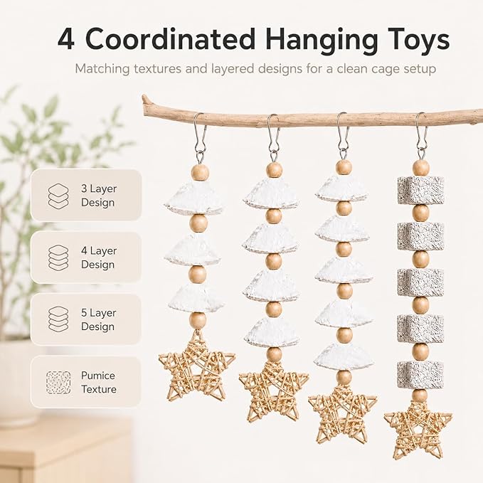 4 Pack Hanging Bird Chew Toys for Small Birds Cuttlebone and Pumice Cage Toys with Rattan Star and Wood Beads for Cockatiel Budgie Parakeet Conure Lovebird
