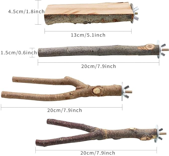 4 Pack Natural Wood Bird Perch Parrot Stand Branches Fork Toys,Pet Bird Cage Wooden Hanging Perch Platform Hammock Swing Toy for Small Parakeets,Budgies,Cockatiels,Conures,Finches