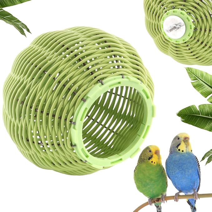 VTurboWay Rattan Bird Nest Chew Resistant Steel Frame Nest Parrot Egg Laying Breeding Nest for Small Bird Lovebird Canary Budgie Finch (Green)