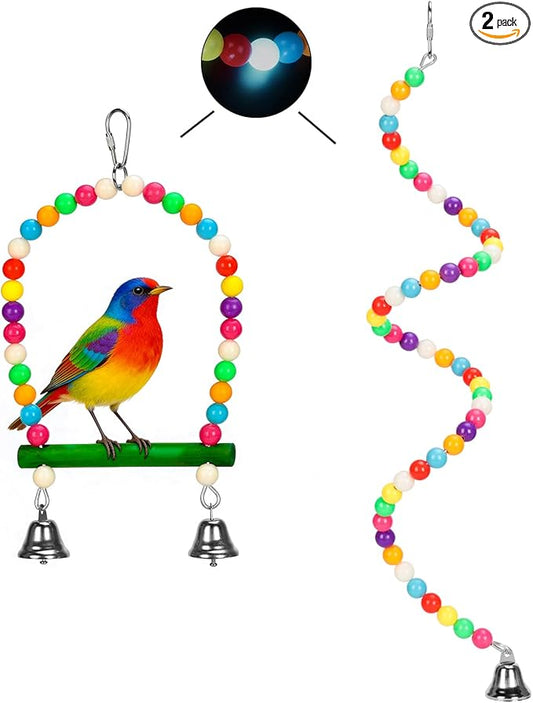 2PCs Swing Parrot Toy Spiral Perch Bird Cage Toy Colorful Wood and Glow Beads with Metal Bell for Small to Regular Parrot Parakeets,Macaw,Conure, Cockatiel, Finchess