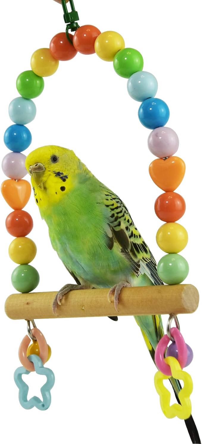 Bird Swing for Small Birds, Parakeets Cage Wooden Perch Birdcage Stands, Parrot Colorful Acrylic Beads Swings Toy with Bell Playground Gym Accessories Training Toys for Lovebirds Budgies