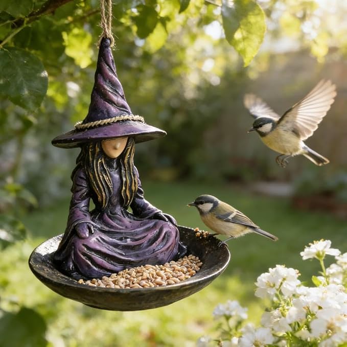 Meditating Witch Garden Bird Feeder,Creative Purple Resin Witch Hat Hanging Feeder,Witchs Garden Bird Feeders for Outdoors,Resin Birdfeeder Statue with Rope Hanger for Patio Backyard Lawn GardenDecor