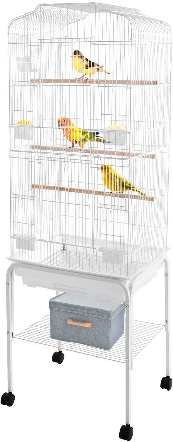 Large Bird Cage with Rolling Stand, Wrought Iron Movable Parrot Cage, Rectangular Flight Cage with Feeding Bowls for Parakeet Cockatiel Lovebird Canary (White-2)