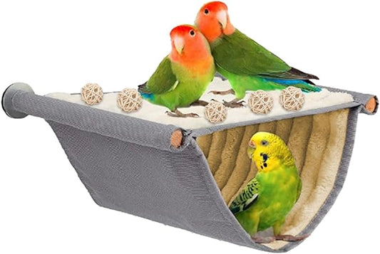 Winter Warm Bird Nest Bed, Parrot Hanging Hammock Snuggle Hut and 5 Rattan Balls, Parrot Hanging Bed Cage House Bird Cage Stand Perch for Parakeet Budgies Cockatiels Hamster Chinchilla (Grey)