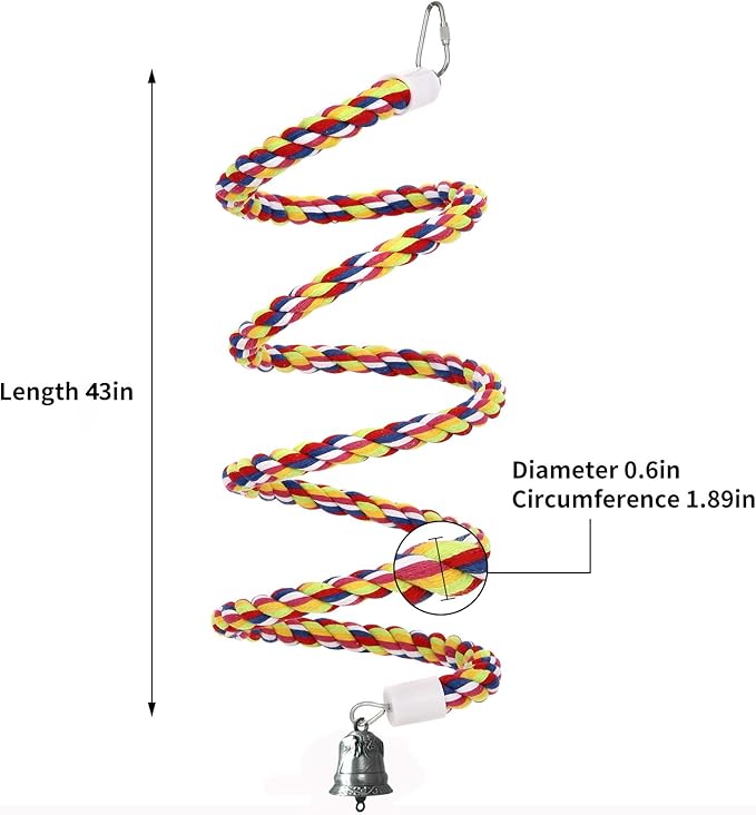 2Pcs 43'' Bird Rope Perches Birdcage Swing Toys 100% Cotton Natural Bird Perch Peck/Chewing with Vintage Bell Climbing Standing Bungee Parrot Toys for Small to Regular Size Parrot Cockatiel Birds
