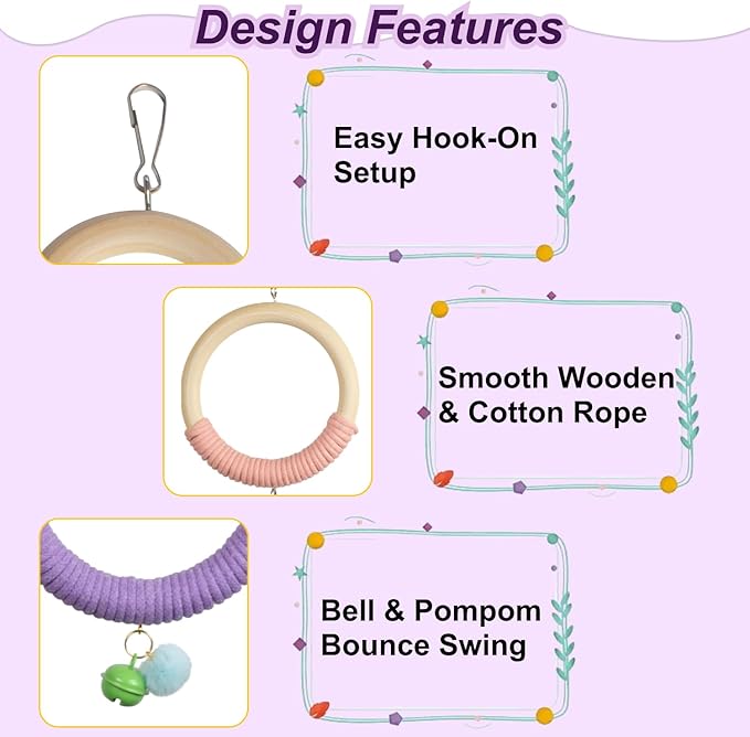 3-Ring Bird Wooden Swing with Bell Climbing Toy Chewable Cotton Rope Perch for Cage Cockatiels Budgies Parakeets Lovebirds 17 Inch