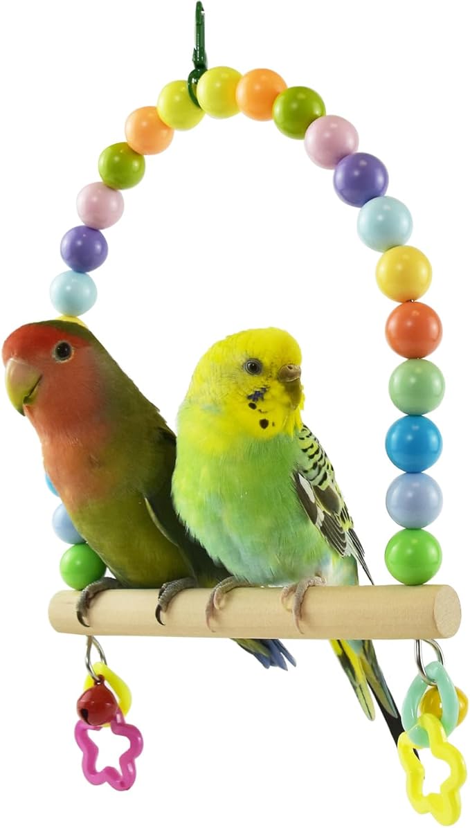 Large Bird Swing for Cage Parrot Wooden Perch Stands Cockatiel Hanging Toy with Bell Parakeet Colorful Beads Climbing Training Toys Playground Birdcage Accessories for Macaws Quaker Conures Lovebirds