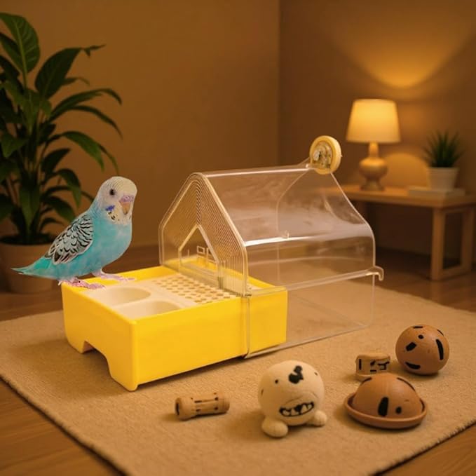 4-in-1 Bird Bath & Feeder for Cage | Easy-Clean Pull-Out Drawer, Leakproof & Transparent Pool | Hanging House & Poop Perch | Parakeets, Lovebirds, Finches