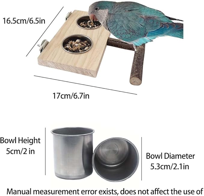 Bird Food Stainless Steel Cups Wooden Perch Stand Hanging Feeder Bowls Feeding and Watering Supplies for Parakeets Conures Cockatiels Budgie Parrot (with Two Cups)