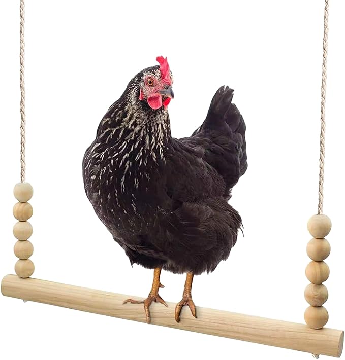 Chicken Swing Toy, Natural Wooden Chicken Bird Swings with Wooden Beads, Wood Stand Chicken Coop Accessories for Poultry Run Rooster Hens Chicks Pet Parrots