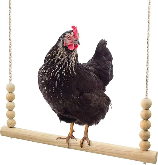 Chicken Swing Toy, Natural Wooden Chicken Bird Swings with Wooden Beads, Wood Stand Chicken Coop Accessories for Poultry Run Rooster Hens Chicks Pet Parrots