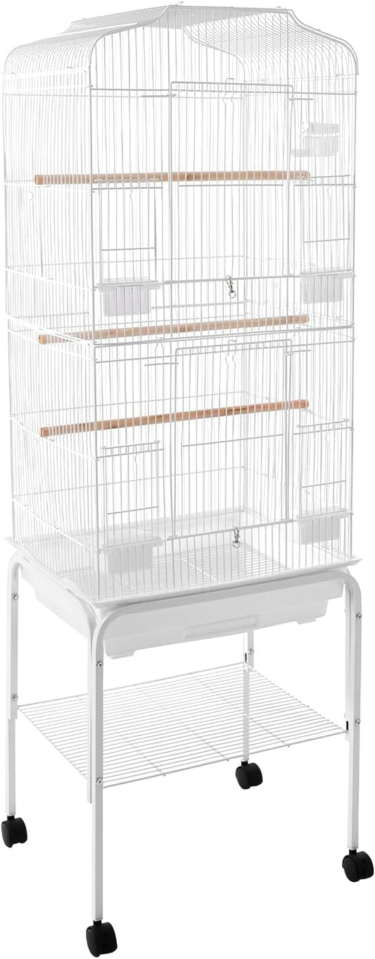 Large Bird Cage with Rolling Stand, Parrot Cage for Parakeets Cockatiels Conures, Heavy Duty Metal Birdcage with Wheels, Removable Tray & Storage Shelf for Indoor Use (White)