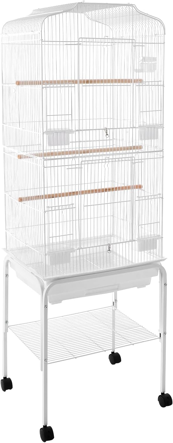 Bird Cage with Universal Wheels, Freestanding Parakeet Birdcage, Large Iron Flight Bird Cages 360° Full Hollow Design Pigeons Parrot, 18x15x54 Inch, with Feeding Bowls, Waterer (White)