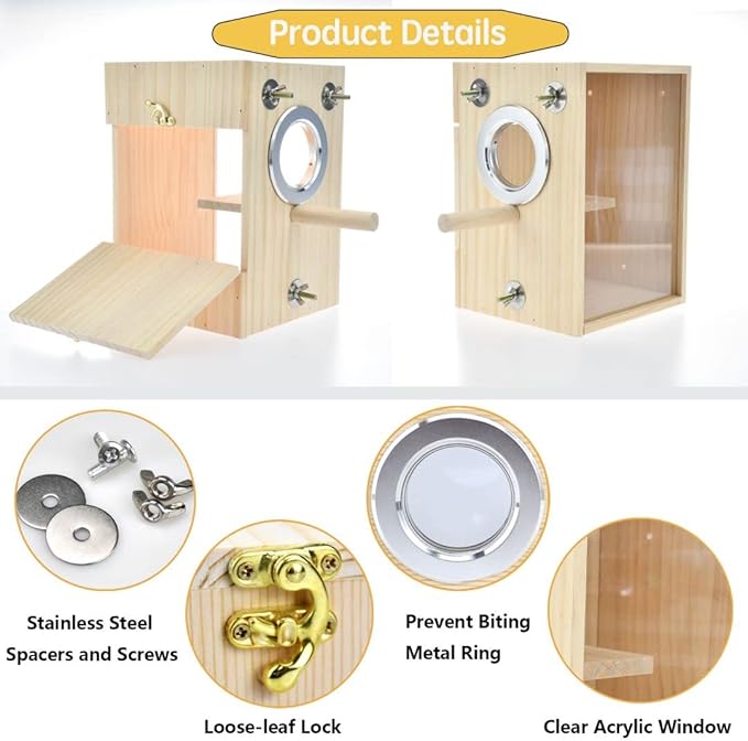 Bird Nest Box Parakeet Breeding Nest Box Bird Nest House Wooden Acrylic Transparent Breeding Box for Finch Lovebirds Cockatiel Budgie Conure Parrot