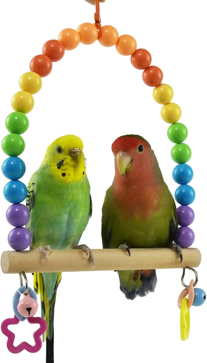 Bird Cage Swings Perch Large Parrot Hanging Toys for Cockatiels, Parakeets Birdcage Wood Stands Rainbow Beads Bell Climbing Training Toy for Lovebirds Conures Budgies Macaws Playground Accessories