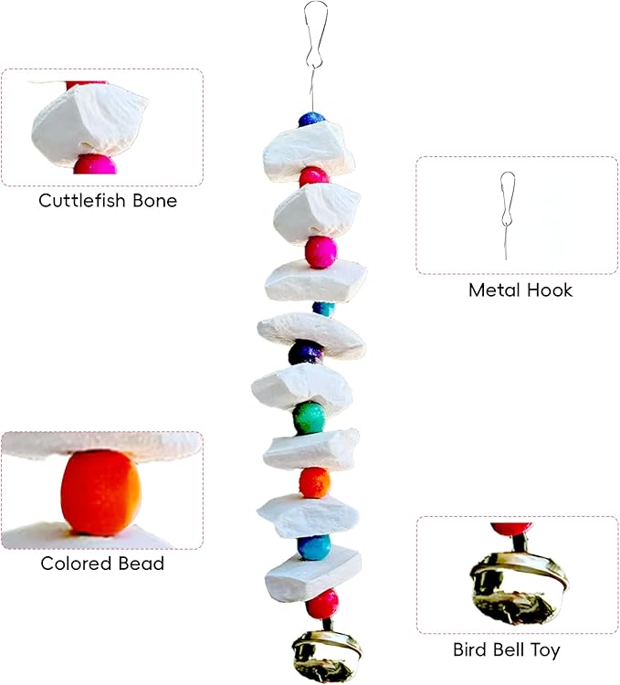 2 Pack Bird Toys with Millet Cuttlebone, Parakeet Toys, Bird Beak Grinding Tool, Cage Accessories for Parakeets, Cuttlefish Bone for Budgies, Cockatiels, Lovebirds, Green Cheeks, Small to Medium Birds