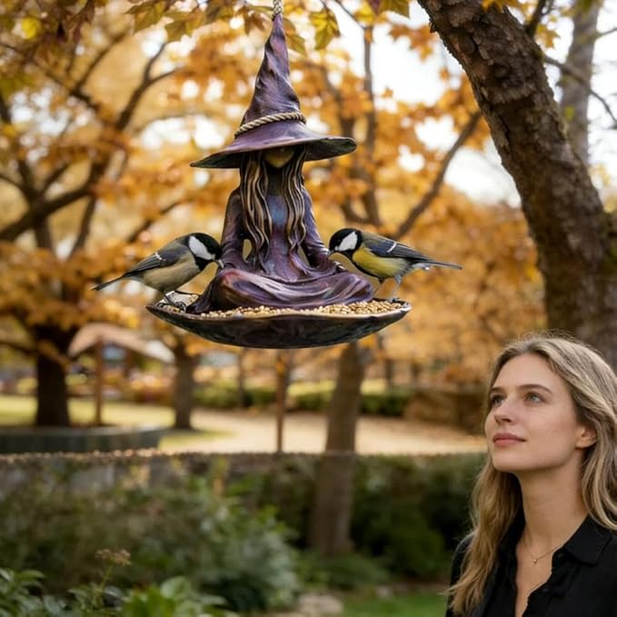 Meditating Witch Garden Bird Feeder,Creative Purple Resin Witch Hat Hanging Feeder,Witchs Garden Bird Feeders for Outdoors,Resin Birdfeeder Statue with Rope Hanger for Patio Backyard Lawn GardenDecor