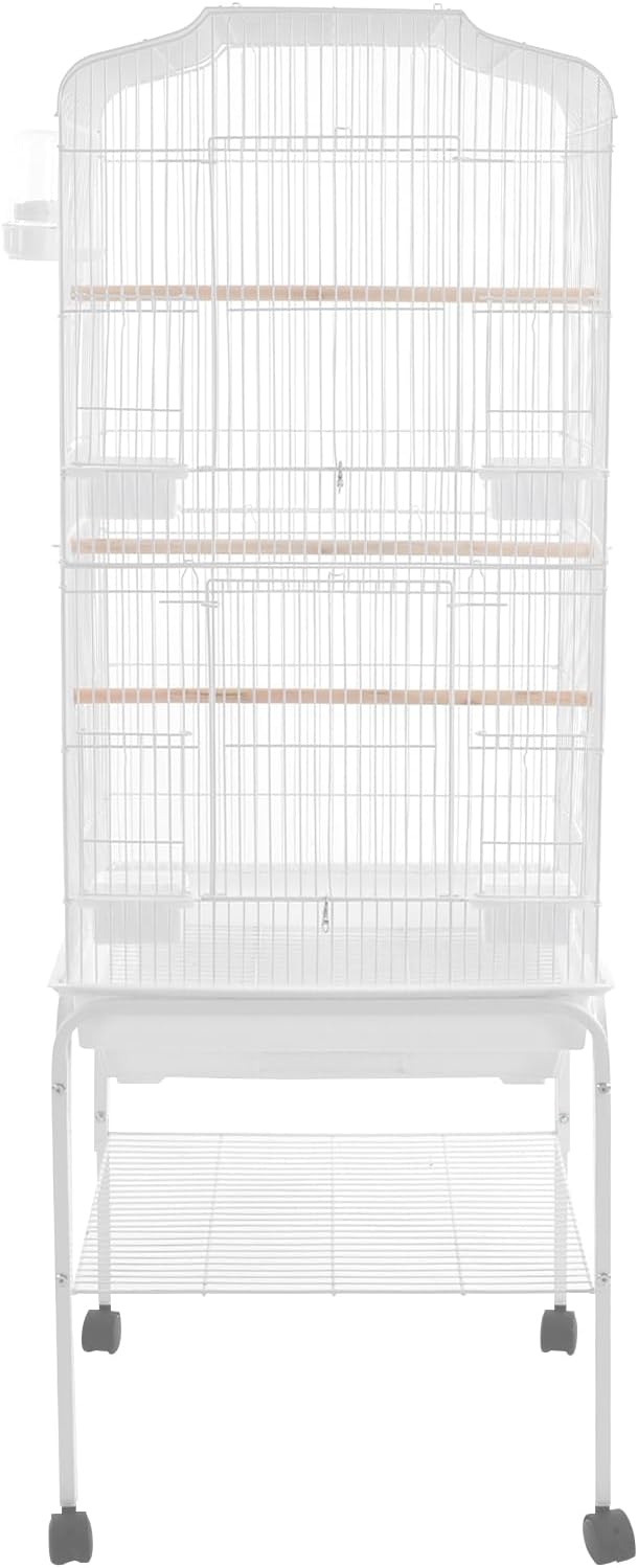 Large Bird Cage with Rolling Stand, Wrought Iron Movable Parrot Cage, Rectangular Flight Cage with Feeding Bowls for Parakeet Cockatiel Lovebird Canary (White-2)