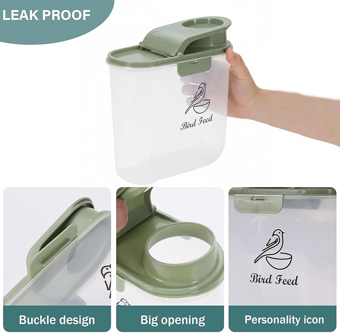 2.1 Qt/2 L Bird Seed Storage Container with Flip Lid & Pour Spout, 2 Pcs Airtight Bird Food Container with Scale for Sunflower Seeds, Portable Travel Kibble Storage Dispenser for Small Animal