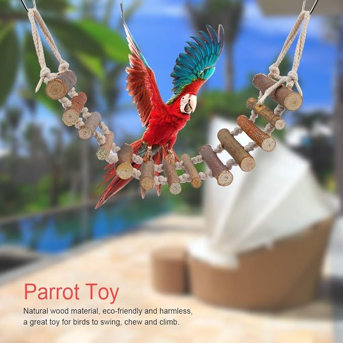Wooden Bird Hanging Ladder, Parrot Rope Wood Ladder with Rope Swing Bridge for Lovebirds Parakeets Parrots African Grey Cockatiel Pet Training Toys